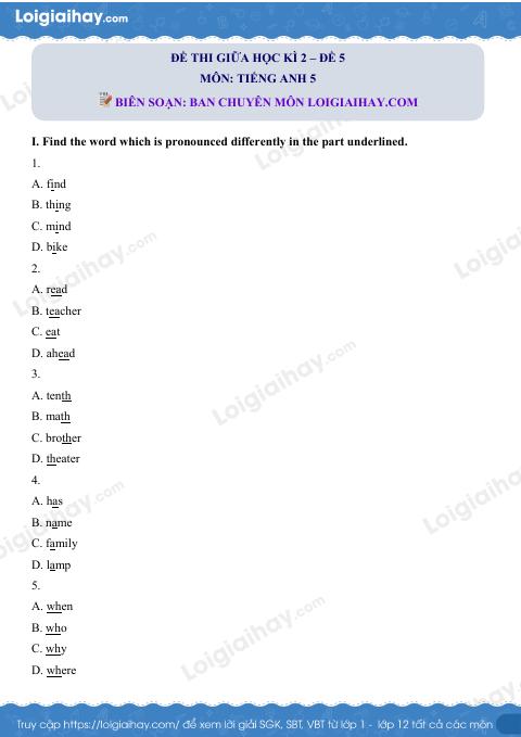 Đề thi giữa kì 2 Tiếng Anh 5 - Đề số 5